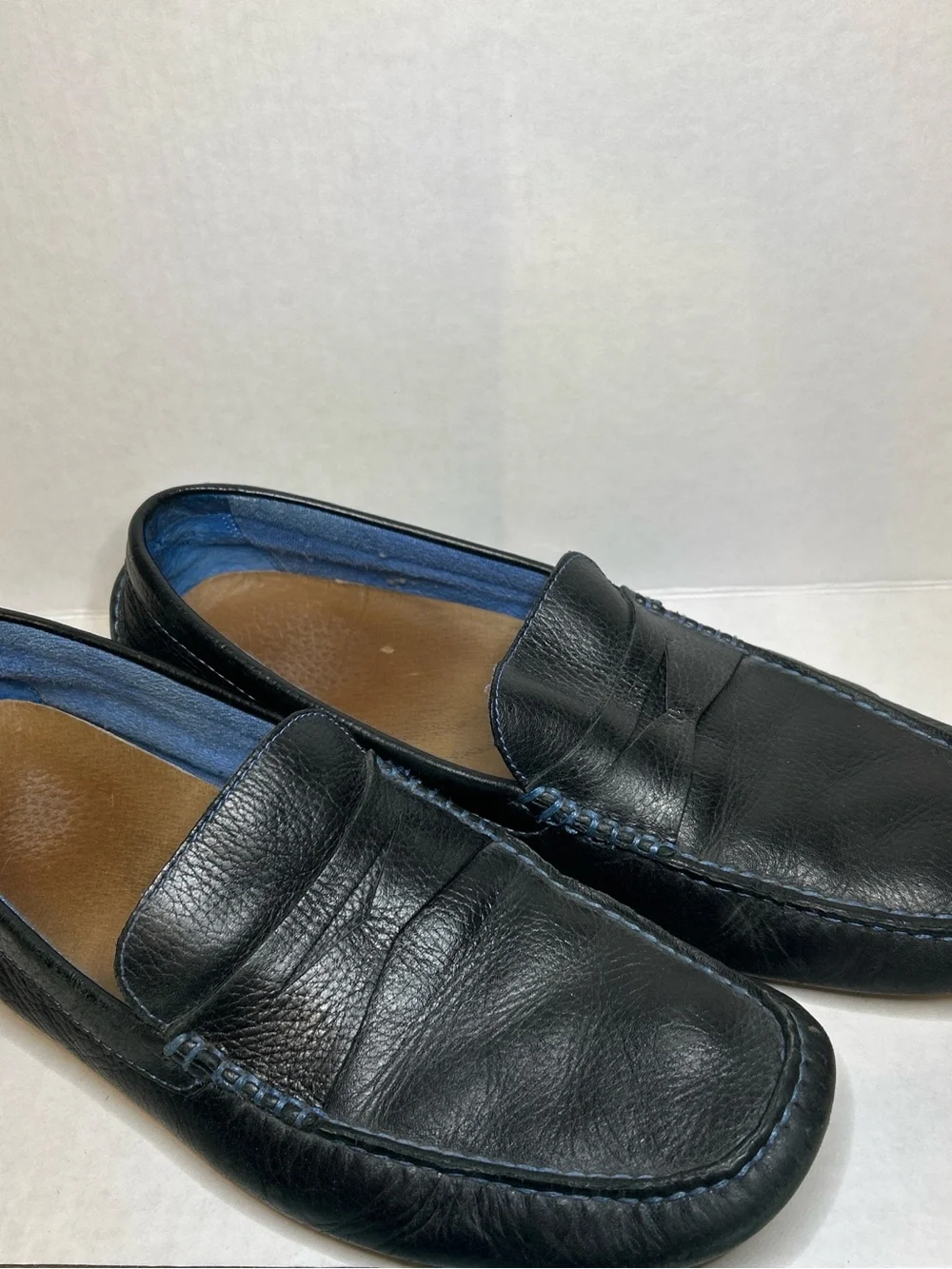 Donald J. Pliner Black Leather Penny Loafers with Blue Lining
